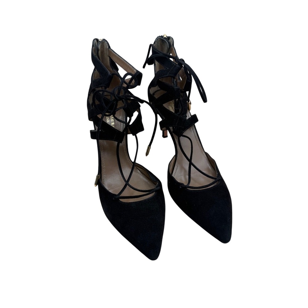 Aquazzura Matilde Black Suede Lace Up Pointed Toe Pumps Heels Size‎ 39 Italy